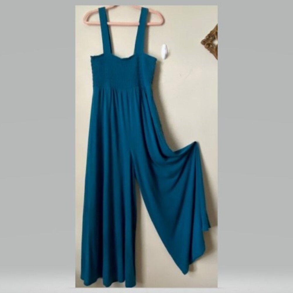 Free People Turquoise Smocked Top Jumpsuit with Pockets - Picture 2 of 4